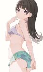  1girl arms_behind_back ass back bangs belly bikini blush braid breasts brown_hair closed_mouth eyebrows_visible_through_hair frilled_swimsuit frills hand_on_own_face hand_up highres hiroki_(yyqw7151) long_hair looking_at_viewer looking_back mismatched_bikini original purple_eyes small_breasts swimsuit swimsuit_skirt thighs white_background 