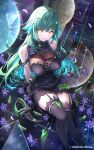  1girl bangs belt breasts buckle cleavage company_name copyright dagger eyebrows_visible_through_hair feet_out_of_frame flower garter_straps gem gloves green_hair highres holding holding_mask kitakouji_hisui knife kunai large_breasts long_hair mask matanonki nijisanji official_art see-through sharp_teeth sitting skirt teeth thighhighs vial virtual_youtuber weapon yellow_eyes 