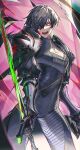  1girl absurdres armor black_hair breasts cleavage hair_over_one_eye highres holding holding_sword holding_weapon jewelry long_sleeves looking_at_viewer medium_breasts open_mouth original pauldrons pink_eyes puffy_sleeves rhine_(overtonerhine) short_hair shoulder_armor solo sword weapon 