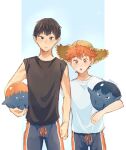  1610aoi 2boys :o animalization ball black_eyes black_hair black_tank_top haikyuu!! hat highres hinata_shouyou holding holding_ball holding_hands kageyama_tobio looking_at_viewer male_focus multiple_boys orange_hair pillarboxed shirt sketch straw_hat t-shirt tank_top twitter_username white_shirt yaoi 