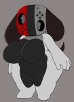  4_fingers :3 animate_inanimate anthro big_breasts black_body breasts canid chip_at_night cross-eyed eyelashes featureless_breasts featureless_crotch feet female fingers glistening glistening_eyes grey_background grey_body hi_res huge_breasts huge_thighs hyper hyper_breasts hyper_thighs looking_at_viewer mammal multicolored_body navel nintendo nintendo_switch nude short_stack simple_background smile solo switch_dog thick_thighs video_games white_body 