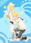  ^^^ ahoge arched_back arm_warmers bare_shoulders blonde_hair blue_background blue_eyes blush bockdog bow collar detached_sleeves fang fortissimo grey_collar grey_sleeves hair_bow hair_ornament hairclip headphones hug kagamine_len kagamine_len_(vocaloid4) kagamine_rin kagamine_rin_(vocaloid4) kiss kissing_back kneeling leg_warmers midriff necktie sailor_collar shirt short_ponytail shorts skin_fang sleeveless sleeveless_shirt surprise_kiss surprised v4x vocaloid waist_hug wide-eyed yellow_necktie 