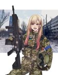  1girl :d absurdres alternate_costume bare_tree blonde_hair blush building camouflage cloud commentary ear_piercing flag goggles gradient_hair gun headwear_removed helmet helmet_removed highres kitagawa_marin korzinka_persikiv long_hair looking_at_viewer magazine_(weapon) military military_uniform multicolored_hair open_mouth outdoors piercing red_eyes rifle ruins sky smile sniper_rifle solo sono_bisque_doll_wa_koi_wo_suru standing tree ukrainian_flag uniform walkie-talkie weapon 