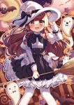  1girl animal_ears apron bangs bear_ears black_dress blunt_bangs broom brown_eyes brown_hair doroshii dress frills ghost halloween hat holding holding_broom long_hair looking_at_viewer maid original skirt solo witch witch_hat 