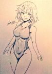  1girl alternate_costume bare_legs breasts closed_mouth commentary_request covered_navel cowboy_shot d-m_(dii_emu) eyebrows_visible_through_hair eyelashes greyscale kazami_yuuka looking_at_viewer medium_breasts monochrome one-piece_swimsuit open_mouth short_hair sketch smile swimsuit touhou traditional_media 