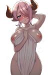  1girl absurdres areolae arm_behind_head arm_up armpits bare_shoulders blush breasts collarbone commentary_request draph granblue_fantasy gupunetsu hair_over_one_eye head_tilt highres holding horns large_breasts looking_at_viewer naked_towel narmaya_(granblue_fantasy) nipples pink_hair pointy_ears purple_eyes shiny shiny_hair shiny_skin short_hair simple_background smile solo steam thighs towel water water_drop wet 