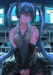  1girl bangs bare_shoulders black_sleeves blue_hair blue_nails blue_necktie breasts check_commentary cleavage collarbone collared_shirt commentary_request detached_sleeves eyebrows_visible_through_hair grey_shirt hair_between_eyes hatsune_miku highres inue_ao long_hair looking_at_viewer monitor necktie open_mouth screen_light shelf shirt sitting skirt sleeveless solo terminal v_arms vocaloid wariza 