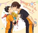  2boys azumane_asahi bangs behind_back birthday blonde_hair blush box brown_hair closed_eyes confetti dated dcon_34 dyed_bangs elbow_pads english_text flower gift gift_box haikyuu!! happy_birthday hat hat_around_neck heart highres holding holding_flower holding_gift kiss male_focus multicolored_hair multiple_boys nishinoya_yuu party_hat shirt_grab sportswear sunflower sweatdrop two-tone_hair volleyball_uniform yaoi yellow_background 