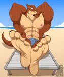  2019 4_toes abs absurd_res anthro artist_name beach biceps brown_body brown_eyes brown_fur bulge claws clothed clothing countershade_feet countershading detailed_background digital_media_(artwork) doritohead feet foot_focus fur hands_behind_head hi_res humanoid_feet looking_at_viewer lutrine male mammal multicolored_body multicolored_fur muscular muscular_anthro muscular_male mustelid nipples outside parker_webb pecs reclining seaside smile smirk soles solo swimming_trunks swimwear tan_body tan_fur teeth toe_claws toes topless topless_anthro topless_male two_tone_body two_tone_fur wrinkled_feet zp92 