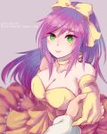  1girl bow breasts choker cleavage closed_mouth dated dress elbow_gloves faris_scherwiz final_fantasy final_fantasy_v gloves hair_bow hands large_breasts long_hair looking_at_viewer purple_hair simple_background smile sunagimo_(nagimo) yellow_dress 