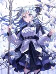  1girl aqua_eyes artist_name bangs branch dress feet_out_of_frame floating_hair flower hair_between_eyes hair_flower hair_ornament hands_up holding holding_staff horns long_hair long_sleeves looking_at_viewer original parted_lips puffy_sleeves silver_hair solo staff thighhighs yamigo 