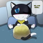  anthro atlus bed black_body black_fur blue_eyes blush bodily_fluids diaper diaper_fetish digital_media_(artwork) domestic_cat english_text feces felid feline felis full_diaper fur furniture genital_fluids hi_res lying male mammal megami_tensei megami_tensei_persona messy_diaper morgana_(persona) nikohowlii on_back on_bed scat smile soiled_diaper soiling solo text urine video_games wet_diaper wetting 