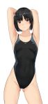  1girl absurdres amagami animal_ears armpits arms_behind_head ass_visible_through_thighs black_eyes black_hair black_swimsuit bob_cut breasts competition_swimsuit cowboy_shot highres multicolored_clothes multicolored_swimsuit nanasaki_ai one-piece_swimsuit presenting_armpit short_hair simple_background small_breasts solo swimsuit white_background ykh1028 