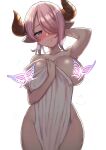  1girl absurdres arm_behind_head arm_up bare_shoulders blush breasts bug butterfly collarbone commentary_request convenient_censoring draph granblue_fantasy gupunetsu hair_over_one_eye head_tilt highres holding horns large_breasts looking_at_viewer naked_towel narmaya_(granblue_fantasy) pink_hair pointy_ears purple_eyes shiny shiny_hair shiny_skin short_hair simple_background smile solo steam towel water_drop wet 