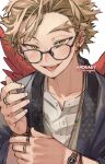  1boy bespectacled blonde_hair boku_no_hero_academia bracelet ear_piercing earrings facial_hair facial_mark fangs glasses goatee hawks_(boku_no_hero_academia) jewelry kadeart looking_over_eyewear male_focus multiple_bracelets multiple_piercings multiple_rings naughty_face necklace piercing red_feathers red_wings ring short_hair simple_background solo stubble stud_earrings tongue tongue_out twitter_username upper_body watch white_background wings wristwatch yellow_eyes 