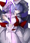  1girl ascot bat_wings dress hat highres looking_at_viewer mob_cap open_mouth pink_dress puffy_short_sleeves puffy_sleeves purple_background purple_eyes purple_hair red_ribbon remilia_scarlet ribbon short_hair short_sleeves smile solo spear_the_gungnir touhou vivo_(vivo_sun_0222) wings 