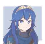  1girl armor artist_name blue_cape blue_eyes blue_hair blue_shirt bodysuit cape chocomiru closed_mouth eyebrows_visible_through_hair fire_emblem fire_emblem_awakening gold_trim looking_at_viewer lucina_(fire_emblem) shirt shoulder_armor signature smile solo symbol-shaped_pupils tiara upper_body 