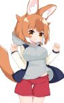  1girl absurdres animal_ears bangs berusa_(berutoo) blue_jacket bob_cut brown_eyes brown_hair closed_mouth commentary cowboy_shot dhole_(kemono_friends) dog_ears dog_girl dog_tail extra_ears eyebrows_visible_through_hair fang grey_hoodie highres hood hood_down hoodie jacket kemono_friends kemono_friends_3 letterman_jacket long_sleeves looking_at_viewer midriff_peek multicolored_hair open_clothes open_jacket pinky_out red_shorts short_hair shorts simple_background smile solo standing tail thigh_gap w_arms white_background white_hair 