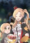  2girls azur_lane bangs black_gloves blonde_hair blurry blurry_background blush bow candy canned_sardines cape cleveland_(azur_lane) cleveland_(reaper_fever)_(azur_lane) closed_eyes commission eyebrows_visible_through_hair eyes_visible_through_hair fingerless_gloves food gloves green_eyes hair_ornament halloween halloween_bucket halloween_costume hat highres jewelry lollipop long_hair long_sleeves mini_hat mini_top_hat mother_and_daughter multiple_girls official_alternate_costume one_side_up pointy_ears ring second-party_source shirt sidelocks skull smile star_(symbol) sword top_hat weapon weapon_on_back wedding_band yellow_bow 