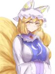  1girl absurdres animal_ears bangs blonde_hair blue_tabard blush breasts closed_mouth commentary_request dress expressionless eyebrows_visible_through_hair fox_ears fox_tail hair_between_eyes hands_in_opposite_sleeves hat highres kitsune kyuubi large_breasts long_sleeves looking_to_the_side multiple_tails ofuda pillow_hat short_hair simple_background solo standing tabard tail tassel touhou upper_body wang_jian_guo white_background white_dress yakumo_ran yellow_eyes 