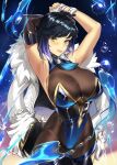  1girl absurdres armpits arms_up black_hair bodysuit breasts fur_trim genshin_impact green_eyes highres ja_mong large_breasts leotard looking_at_viewer mole mole_on_breast purple_hair sleeveless solo thighs tongue tongue_out yelan_(genshin_impact) 