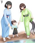  1boy 2girls azur_lane black_hair blue_kimono bob_cut breasts brown_hair closed_eyes closed_mouth commission curled_horns full_body grandmother grandmother_and_grandson green_kimono grey_hair hakama hakama_shorts hand_in_another&#039;s_hair hand_on_another&#039;s_head highres holding_hands horns japanese_clothes kimono large_breasts long_hair mikasa_(azur_lane) mother_and_daughter mother_and_son multiple_girls obi open_mouth sandals sash second-party_source shorts socks standing tabi toy_bits very_long_hair yellow_eyes 