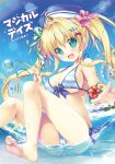  1girl :d aqua_eyes bangs bare_legs barefoot bikini blonde_hair blue_sky breasts cleavage commentary_request cover cover_page day doujin_cover eyebrows_visible_through_hair flower hair_between_eyes hair_ornament hair_ribbon highres large_breasts long_hair looking_at_viewer mikeou ocean original outdoors ribbon sitting sky smile solo star_(symbol) star_hair_ornament striped striped_bikini swimsuit thighs twintails underboob water water_drop 