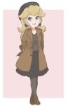  1girl alternate_costume aqua_eyes bangs beret black_skirt blonde_hair boots border brown_coat brown_footwear chocomiru coat earrings eyebrows_visible_through_hair grey_shirt hat jewelry long_hair looking_at_viewer mario_(series) official_alternate_costume open_mouth pantyhose pink_background princess_peach shirt skirt smile solo super_mario_odyssey white_border 