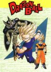  1990s_(style) 3boys aqua_eyes bangs boots cell_(dragon_ball) copyright_name dougi dragon_ball dragon_ball_z highres multiple_boys muscular muscular_male non-web_source official_art open_mouth retro_artstyle saiyan single_bang son_gohan son_goku super_saiyan super_saiyan_1 super_saiyan_2 toriyama_akira torn_clothes wings wristband 