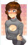  1girl absurdres ahoge blue_eyes border breasts brooke_(mathias_leth) brown_hair cleavage colorized embarrassed english_commentary freckles grey_sweater highres holding_own_arm long_hair looking_away mathias_leth meme_attire open-chest_sweater original ribbed_sweater small_breasts solo sweater turtleneck turtleneck_sweater upper_body white_border 
