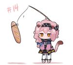  1girl animal_ears arknights bangs black_hairband black_skirt blue_bow blush bow braid bread brown_eyes carrot_on_stick cat_ears cat_girl cat_tail chibi colored_shadow commentary english_commentary food garter_straps goldenglow_(arknights) hair_bow hair_over_shoulder hairband high-waist_skirt hungry jacket jitome kurotofu lightning_bolt_print long_sleeves open_clothes open_jacket pink_footwear pink_hair pink_jacket puffy_long_sleeves puffy_sleeves ribbed_legwear shadow shirt shoes single_braid skirt sleeves_past_wrists solo stomach_growling tail thighhighs white_background white_legwear white_shirt 