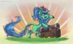  asian_mythology blue_mane blue_tail cannon chinese_mythology east_asian_mythology eyewear fan_character feral glasses green_body hasbro horn kirin looking_down male mane my_little_pony mythology open_mouth open_smile ranged_weapon smile solo tail_tuft tuft weapon xnanchox 