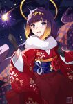 1girl :d absurdres animal_ears bangs black_gloves brown_hair cloud commentary_request eyebrows_visible_through_hair fireworks gloves gradient_hair halo hands_up hayate_fish highres holding hololive hololive_english japanese_clothes kimono long_hair long_sleeves looking_at_viewer multicolored_hair night night_sky ninomae_ina&#039;nis obi outdoors purple_eyes purple_hair red_kimono sash senkou_hanabi sidelocks sky smile solo sparkler tentacles virtual_youtuber wide_sleeves 