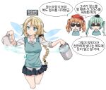  3girls :&lt; beret blonde_hair braid breasts bucket bucket_of_water commentary expressionless eyebrows_visible_through_hair fairy_wings g36_(girls&#039;_frontline) girls&#039;_frontline green_hair hat holding holding_bucket holding_cloth korean_commentary korean_text large_breasts light_blue_eyes long_braid long_hair long_sleeves micro_uzi_(girls&#039;_frontline) multiple_girls open_mouth orange_hair pleated_skirt school_uniform shirt short_hair short_twintails sidarim simple_background skirt star_(symbol) sten_mkii_(girls&#039;_frontline) sunglasses sweater_vest translation_request twintails upside-down wash_cloth water white_background white_shirt wings 