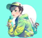  1boy bag baseball_cap batman batman_(series) black_hair blue_background cream cream_on_face dc_comics eating food food_on_body food_on_face green_eyes green_jacket hat highres holding holding_food ice_cream ice_cream_cone jacket jjoldi_(jjoldi5160) licking male_focus nightwing pin robin_(dc) school_bag short_hair simple_background solo teeth tongue upper_body 