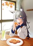  1girl 71975327 absurdres ahoge animal_ear_fluff animal_ears ascot autumn_leaves bangs blue_eyes blurry blurry_background blush chewing chinese_commentary closed_mouth collarbone croquette crossed_bangs cup drinking_glass drinking_straw eating extra_ears eyebrows_visible_through_hair eyelashes food forehead fox_ears fox_girl grey_hair hair_between_eyes highres holding holding_food indoors leaf long_hair long_sleeves looking_at_viewer maple_leaf original plate school_uniform serafuku shadow silver_hair solo split_mouth uniform upper_body white_sleeves wooden_table 