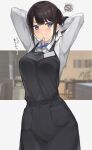  1girl adjusting_hair apron bangs black_hair blue_eyes breasts earrings hair_tie highres jewelry large_breasts long_hair looking_at_viewer mouth_hold nijisanji serizawa_(serizawaroom) solo squiggle suzuka_utako virtual_youtuber 