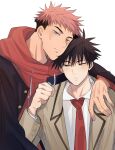  2boys arm_on_shoulder bangs blush brown_eyes bruise clenched_hand closed_mouth collared_shirt drawstring fushiguro_megumi green_eyes hair_between_eyes height_difference highres hood hood_down hoodie injury itadori_yuuji jacket jujutsu_kaisen long_sleeves looking_at_viewer multiple_boys necktie open_clothes pink_hair red_hoodie red_necktie school_uniform shirt short_hair somwang_07 spiked_hair undercut white_shirt younger 