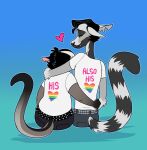  &lt;3 anthro belt blue_background bottomwear boyfriends cadaverrdog clothing denim denim_clothing duo ear_piercing ear_ring ears_down elbow_tufts facial_hair fangs gradient_background green_background green_sclera hair half-closed_eyes hi_res izzy_(cadaverrdog) jeans lemur lgbt_pride love male male/male mammal markings marsupial multicolored_hair narrowed_eyes notched_ear pants petaurid phalangeriform piercing pivoted_ears pride_color_clothing pride_colors primate rainbow rainbow_symbol ring-tailed_lemur ring_(marking) ringtail robbie_(mangeybones) romantic romantic_couple shirt sideburns simple_background smile strepsirrhine studded_belt sugar_glider t-shirt tail_markings topwear two_tone_hair 