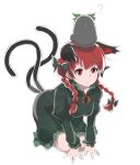  1girl ? \||/ all_fours animal_ears animal_on_head bird bird_on_head bow braid cat_ears cat_tail closed_mouth dress green_dress hair_bow kaenbyou_rin light_smile long_sleeves looking_ahead multiple_tails nekomata on_head red_eyes red_hair reiuji_utsuho reiuji_utsuho_(bird) simple_background solo tail touhou twin_braids two_tails white_background yagi_(sinnsyou) 