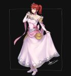  1girl alternate_costume anna_(fire_emblem) bangs bare_shoulders black_background blush breasts bride_(fire_emblem) choker cleavage cleavage_cutout clothing_cutout cm_lynarc dress finger_to_face fire_emblem fire_emblem_heroes flower flower_choker full_body hair_between_eyes highres medium_breasts medium_hair pink_dress pink_flower pink_footwear pink_rose ponytail red_eyes red_hair rose smile solo 