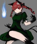  1girl animal_ears bad_hands blue_fire bow braid breasts cat_ears cat_tail dress extra_ears eyebrows_behind_hair feet_out_of_frame fire forked_tail green_dress grey_background hair_bow highres hitodama kaenbyou_rin long_hair looking_at_viewer medium_breasts moor multiple_tails nekomata red_eyes red_hair skull smile solo tail touhou twin_braids 
