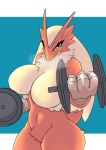 2022 3_fingers anthro anthrofied avian blaziken blonde_hair blue_background blue_eyes bodily_fluids breasts crotch_tuft dumbbell exercise featureless_breasts featureless_crotch female fingers fur hair hi_res holding_object long_hair looking_at_viewer multicolored_body navel neck_tuft nintendo pok&eacute;mon pok&eacute;mon_(species) pok&eacute;morph red_body red_tail sarumoji simple_background solo steam sweat sweatdrop talons tan_body tan_fur tongue tongue_out tuft video_games weightlifting weights workout yellow_sclera 