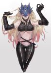  1girl beelstarmon black_gloves black_pants blonde_hair breasts commentary_request digimon elbow_gloves gloves gradient_hair highres m_makufirudo mask multicolored_hair pants pink_eyes revealing_clothes solo third_eye underboob 
