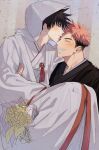  2boys black_hair black_kimono blush bouquet carrying closed_eyes facial_mark fushiguro_megumi green_eyes grin highres hood hood_up hooded_robe horns itadori_yuuji japanese_clothes jujutsu_kaisen kimono long_sleeves looking_at_viewer male_focus multiple_boys pink_hair princess_carry short_hair smile somwang_07 spiked_hair teeth uchikake undercut white_kimono yaoi 