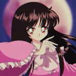  1990s_(style) 1girl black_hair blurry blurry_background bow bowtie dress eyebrows_visible_through_hair frilled_dress frills hanadi_detazo hime_cut houraisan_kaguya japanese_clothes long_hair long_sleeves moon pink_dress red_eyes red_moon retro_artstyle ribbon smile solo touhou white_bow white_bowtie 