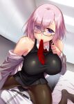  1boy 1girl bangs bare_shoulders breasts closed_eyes eyebrows_behind_hair fate/grand_order fate_(series) fujimaru_ritsuka_(female) fujimaru_ritsuka_(male) glasses hair_over_one_eye large_breasts looking_at_viewer mash_kyrielight mouth_hold necktie ono_misao purple_hair shirt short_hair sitting sitting_on_person smile 