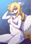  anthro blonde_hair breasts chest_tuft cutie_mark ear_tuft equid equine fan_character feathered_wings feathers female hair hasbro hi_res horn inner_ear_fluff long_hair mammal my_little_pony navel nipples nude pink_nipples solo swaybat tuft winged_unicorn wings yellow_eyes yellow_tail 