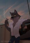  absurd_res anthro canid canine canis clothing derp_eyes detailed_background dreamworks fluffy_chest grey_body gz_draws hi_res looking_at_viewer male mammal mr._wolf_(the_bad_guys) shirt smoking solo sunset the_bad_guys topwear white_clothing white_shirt white_topwear wolf yellow_eyes 