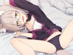  1girl :d animal_ears bangs black_panties blue-framed_eyewear camisole collar fangs feet_out_of_frame glasses highres irene_(ogami_kazuki) looking_at_viewer ogami_kazuki on_bed original panties sheet_grab smile solo spread_legs tail underwear wolf_ears wolf_tail yellow_eyes younger 